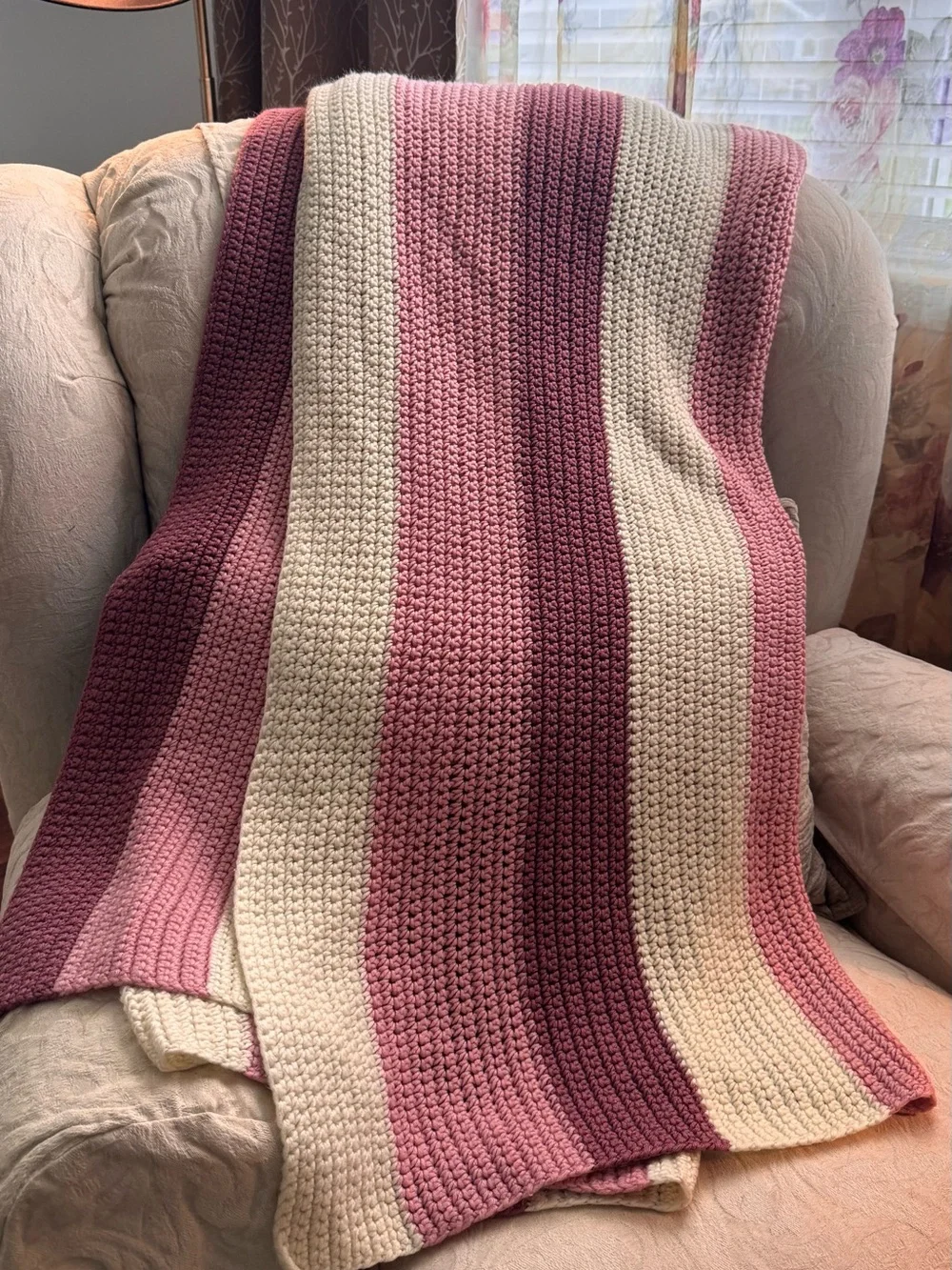 Cozy Striped Crochet Throw Blanket in Pink & Cream Vtg
